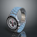 Stainless Steel Watch With Blue Strap Silver Case Black Dial Red Hands And White Markers