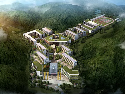 Modern School Campus Buildings Surrounded by Lush Green Forest With Central Courtyard and Green Roofs 3d model
