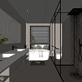 Modern Bathroom Interior With Double Sinks Round Mirrors Bathtub Glass Shower And Marble Countertops