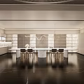Modern Tea Room Interior Design With Long Marble Table Chairs And Wall Cabinets