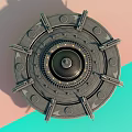 Circular Metallic Mechanical Device With Gears Bolts And Dome On Pastel Background