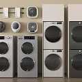 Modern Gray And White Stackable And Side By Side Washing Machines With Laundry Accessories 3d model