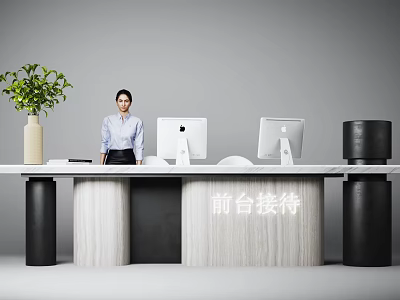 Modern Reception Desk Interior With Professional Receptionist Two Apple Computers And Green Plant 3d model
