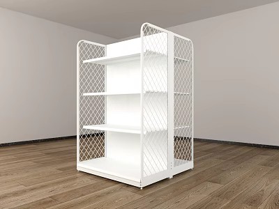 White Metal Display Shelf with Grid Design and Multi Tiered Shelves on Wooden Floor 3d model