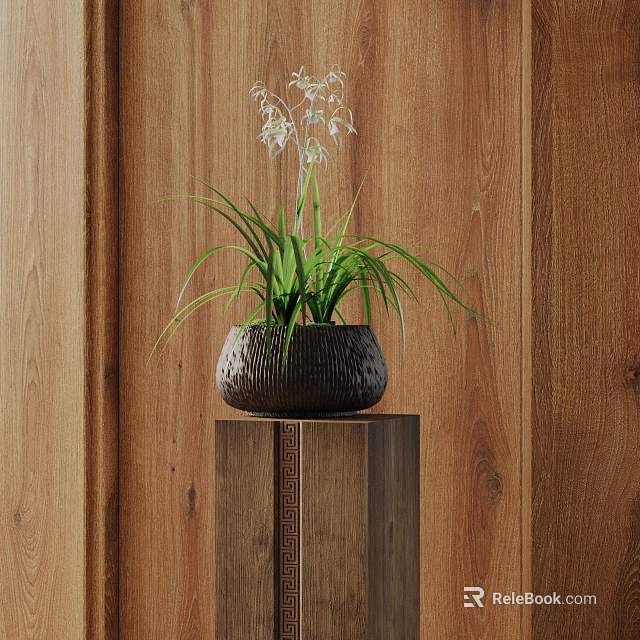 Bonsai Plant With Green Leaves And White Flowers In Dark Textured Pot On Wooden Stand 3d model 
