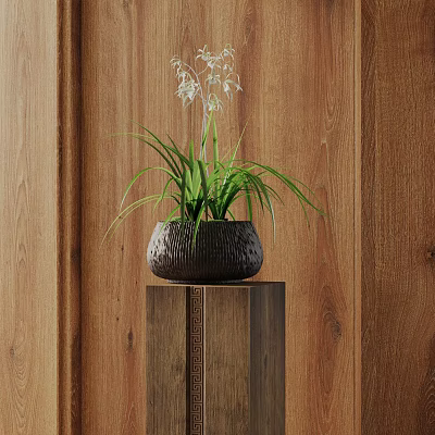 Bonsai Plant With Green Leaves And White Flowers In Dark Textured Pot On Wooden Stand 3d model