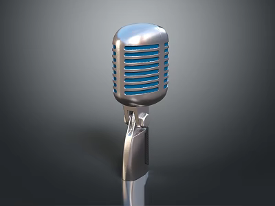 Vintage Silver Microphone With Blue Stripes On Metal Stand Dark Background 3d model