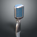 Vintage Silver Microphone With Blue Stripes On Metal Stand Dark Background 3d model