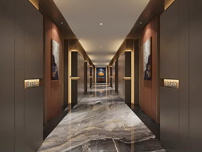 Elegant Modern Hotel Corridor With Marble Flooring Elevators Decorative Paintings And Lighting 3d model