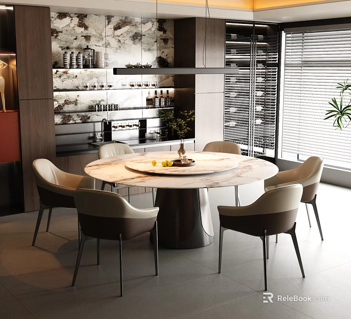 Modern Round Marble Top Dining Table Set With Six Chairs And Kitchen Background 3d model 