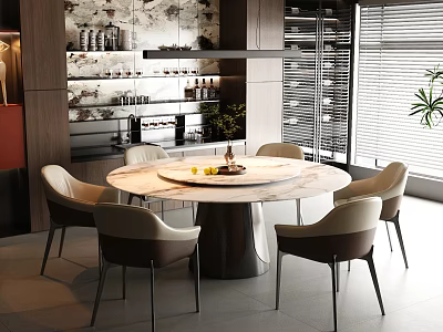 Modern Round Marble Top Dining Table Set With Six Chairs And Kitchen Background 3d model