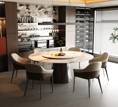 Modern Round Marble Top Dining Table Set With Six Chairs And Kitchen Background 3d model