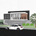 Modern Detached Villa Exterior With Glass Windows Brick Wall Green Plants And Parked Car