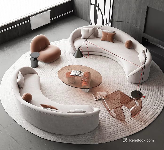 Modern Elegant Sofa Coffee Table Set with Round Top Brown Pillows and Circular Rug 3d model 
