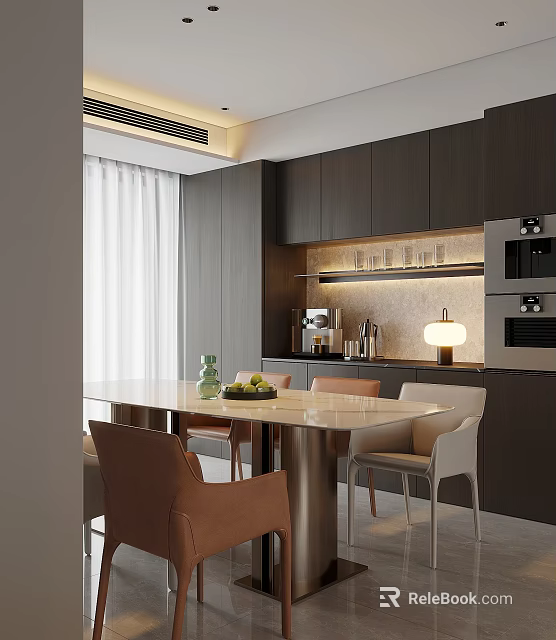 Modern Restaurant Interior With Open Kitchen Dark Cabinets Light Dining Table And Chairs 3d model