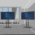 Modern TVs with Blue Screens on Wheeled Stands in Contemporary Interior with Blinds and Windows