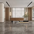 Modern Front Desk Reception Area With Marble Surface Wooden Panels And Logo