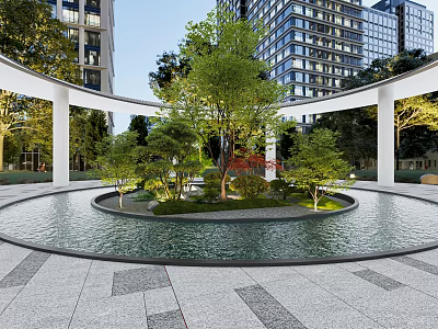 Modern Garden Landscape With Circular Water Pool Green Trees White Columns And Modern Building Background 3d model