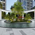 Modern Garden Landscape With Circular Water Pool Green Trees White Columns And Modern Building Background