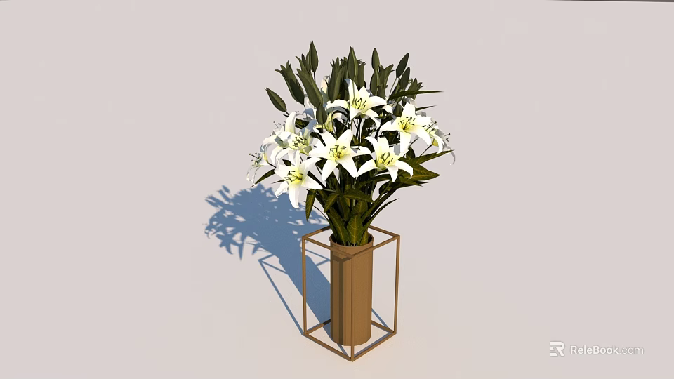 White Lilies In Brown Metal Frame Vase With Green Leaves On Simple Background 3d model 