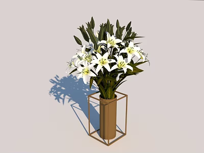 White Lilies In Brown Metal Frame Vase With Green Leaves On Simple Background 3d model