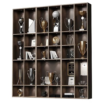 Wooden Display Cabinet With Multi Tiered Shelves Holding Trophies Books And Certificates 3d model