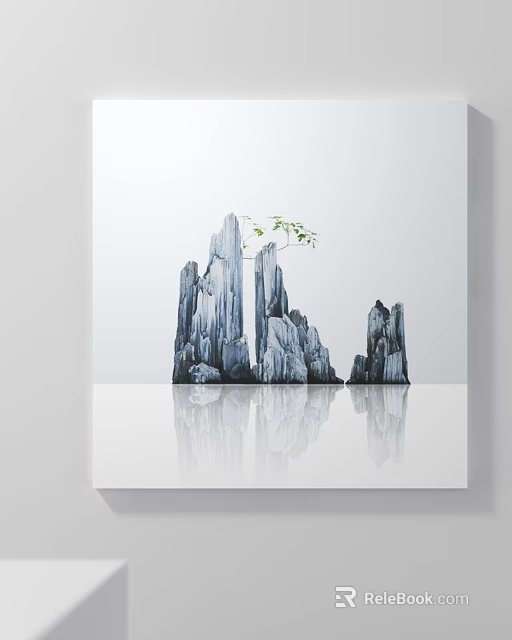 Modern Decorative Rock Sculpture With Small Green Leaves On Shiny Reflective Platform 3d model 