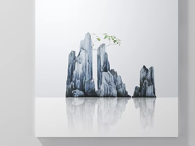 Modern Decorative Rock Sculpture With Small Green Leaves On Shiny Reflective Platform 3d model