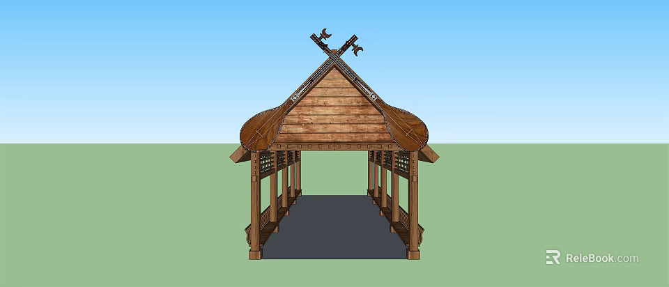 Wooden Pergola with Traditional Curved Roof Ornate Top Decorations and Columned Structure for Outdoor Garden 3d model 
