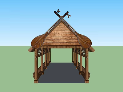 Wooden Pergola with Traditional Curved Roof Ornate Top Decorations and Columned Structure for Outdoor Garden 3d model