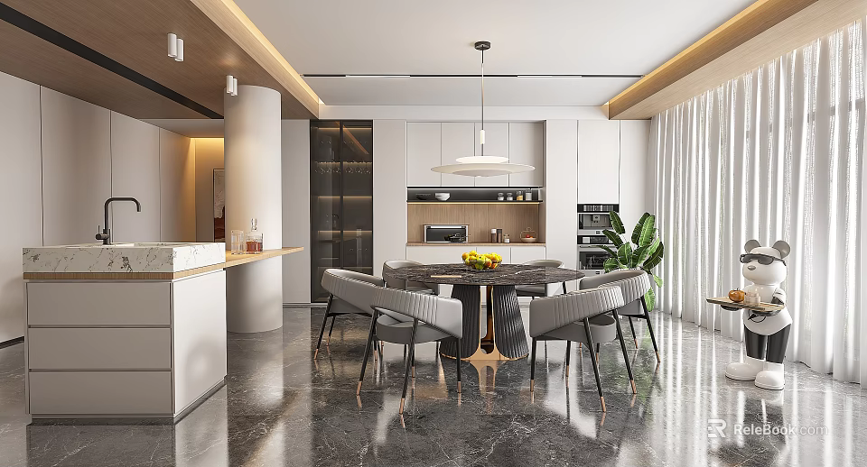 Modern Restaurant Interior With Open Kitchen Dining Table Chairs And Marble Countertop 3d model