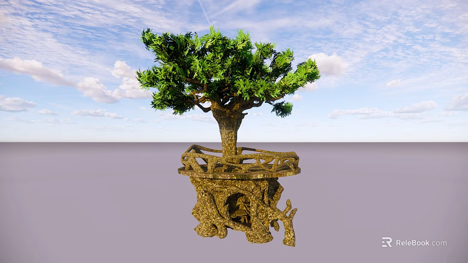 Scenic View With Lush Green Tree And Carved Root Base Under Blue Sky And White Clouds 3d model 