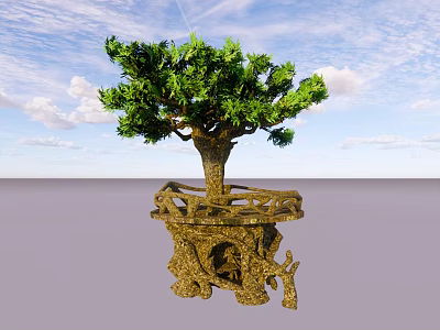 Scenic View With Lush Green Tree And Carved Root Base Under Blue Sky And White Clouds 3d model