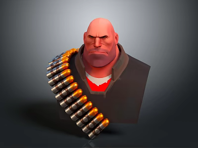 Serious Bald Game Movie Character With Dark Coat Red Inner Shirt And Shoulder Bullet Belt 3d model