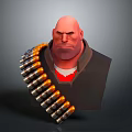 Serious Bald Game Movie Character With Dark Coat Red Inner Shirt And Shoulder Bullet Belt