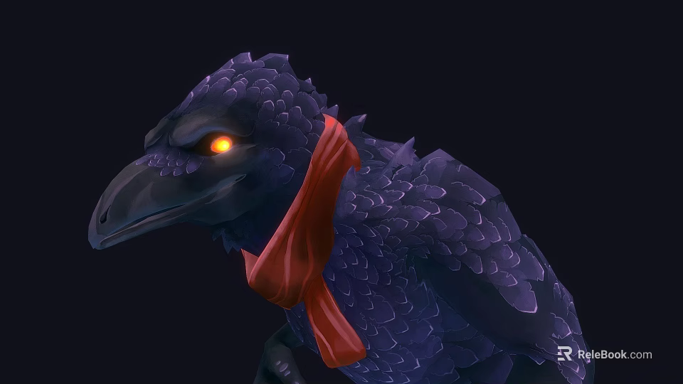Mystical Dark Bird With Purple Feathers Glowing Yellow Eyes Red Cloth Accessory And Dark Background 3d model 