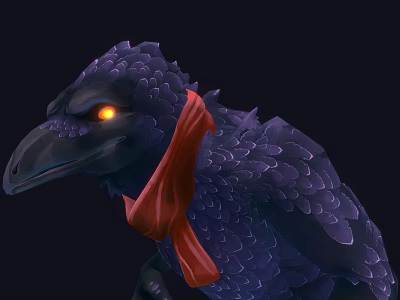 Mystical Dark Bird With Purple Feathers Glowing Yellow Eyes Red Cloth Accessory And Dark Background 3d model
