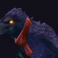Mystical Dark Bird With Purple Feathers Glowing Yellow Eyes Red Cloth Accessory And Dark Background