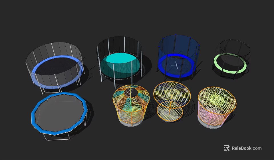 Various Trampoline Designs as Sports Equipment With Colorful Frames and Sizes 3d model 