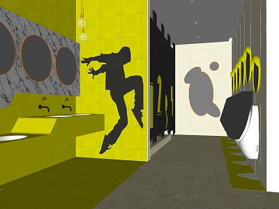 Hotel Bathroom Interior With Yellow Tiled Walls Black Silhouettes Sinks And Stalls 3d model