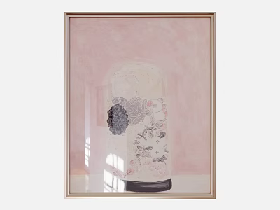 Modern Abstract Painting In Gold Frame With Pink Background And Floral Vase Design 3d model