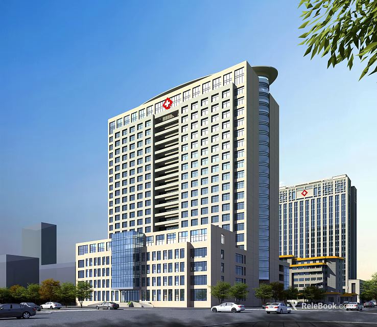 Modern High-rise Hospital Building With Red Cross Sign Numerous Windows And Trees In Urban Setting 3d model 