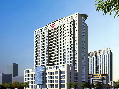 Modern High-rise Hospital Building With Red Cross Sign Numerous Windows And Trees In Urban Setting 3d model
