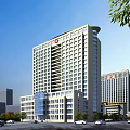 Modern High-rise Hospital Building With Red Cross Sign Numerous Windows And Trees In Urban Setting