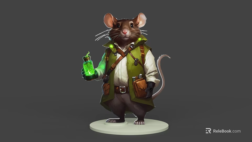 Game Movie Character Mouse In Green Vest Coat Holding Glowing Green Bottle With Backpack Belt 3d model 