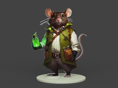 Game Movie Character Mouse In Green Vest Coat Holding Glowing Green Bottle With Backpack Belt 3d model