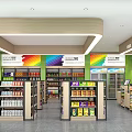 Modern Grocery Supermarket Interior With Cashier Counter Shelves Shampoo And Refrigerated Displays
