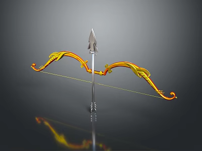 Ornate Decorative Bow With Gold Orange Details And Silver Arrow On Dark Reflective Surface 3d model