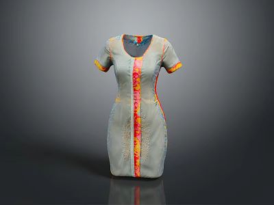 Gray Short Sleeved Dress Featuring Colorful Vertical Stripes And Decorative Trim 3d model
