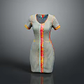 Gray Short Sleeved Dress Featuring Colorful Vertical Stripes And Decorative Trim